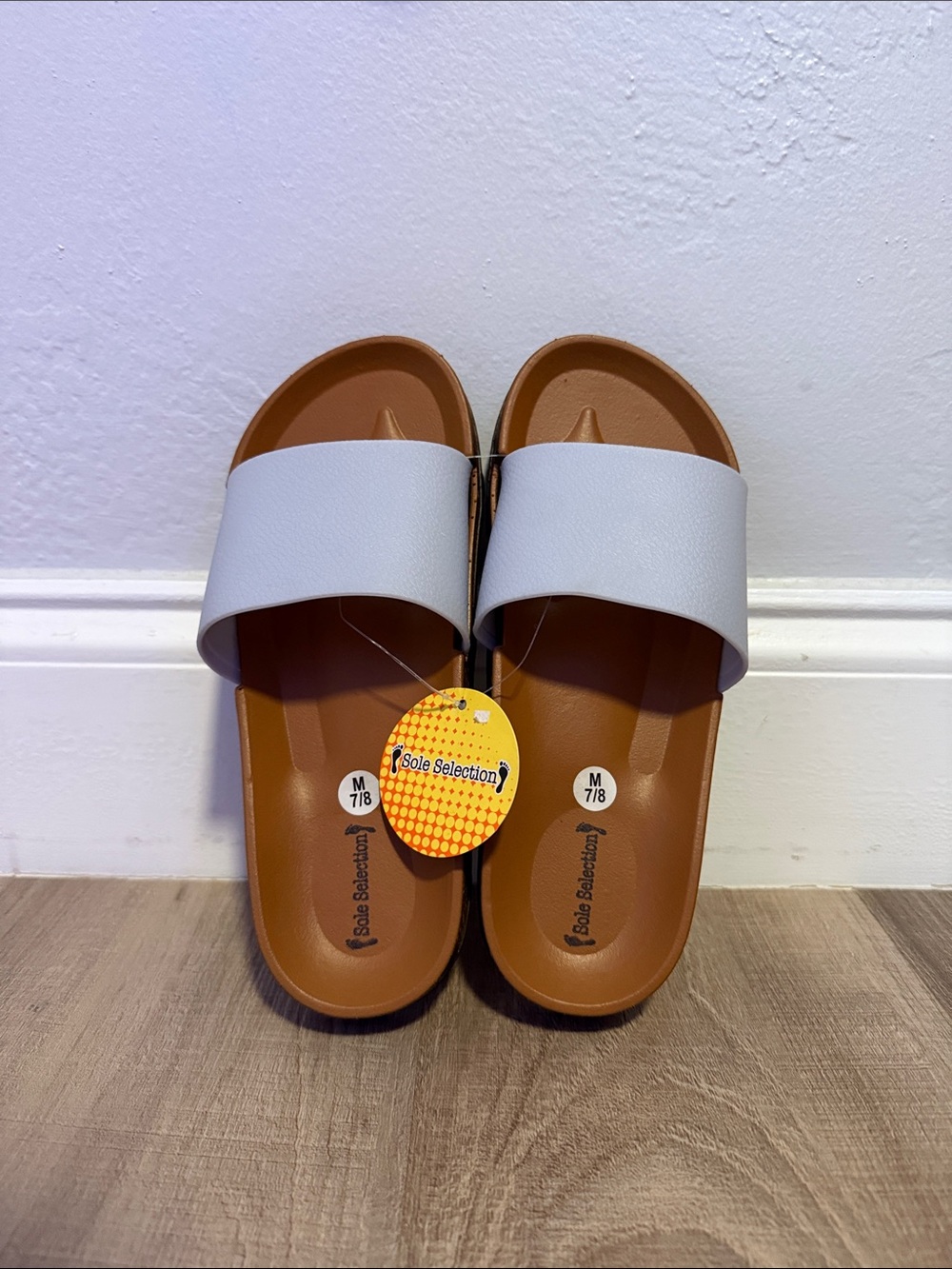 Light Gray Slip-On Slide Sandals with Tan Footbed